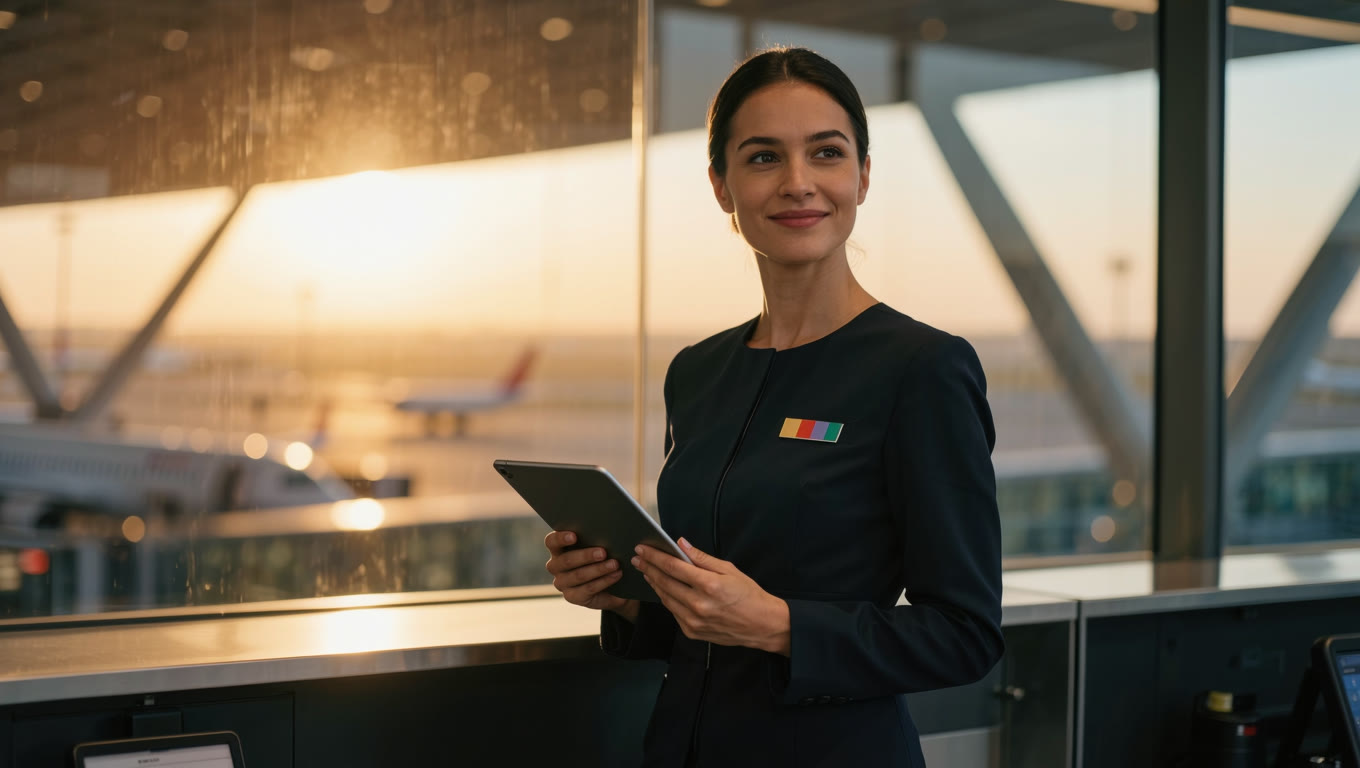 A Slalom Airlines gate agent looking up from her tablet with a welcoming smile